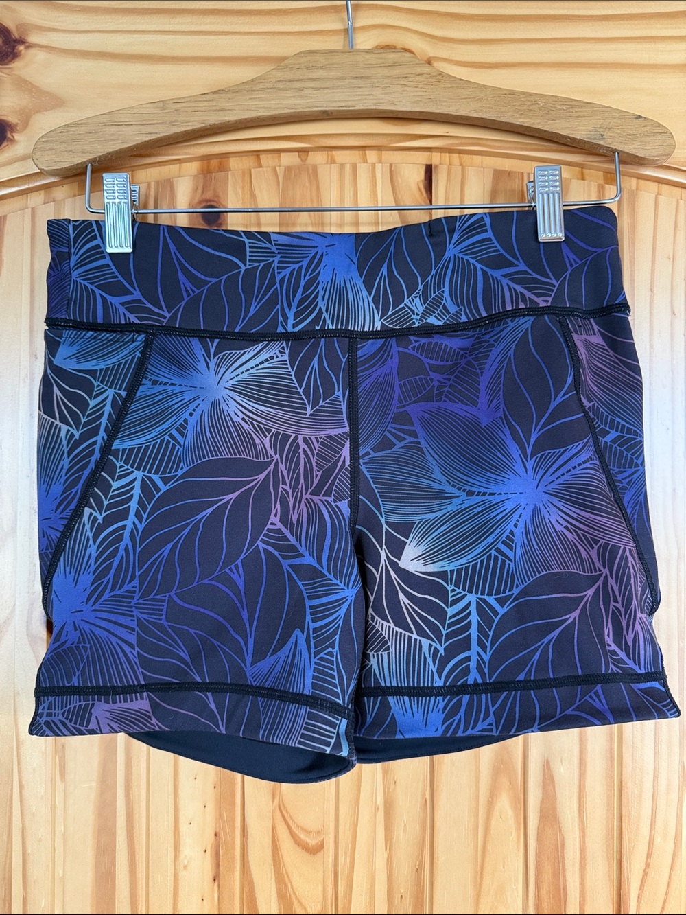 Title Nine reversible Bike Shorts with Blue & Purple Leaf Pattern